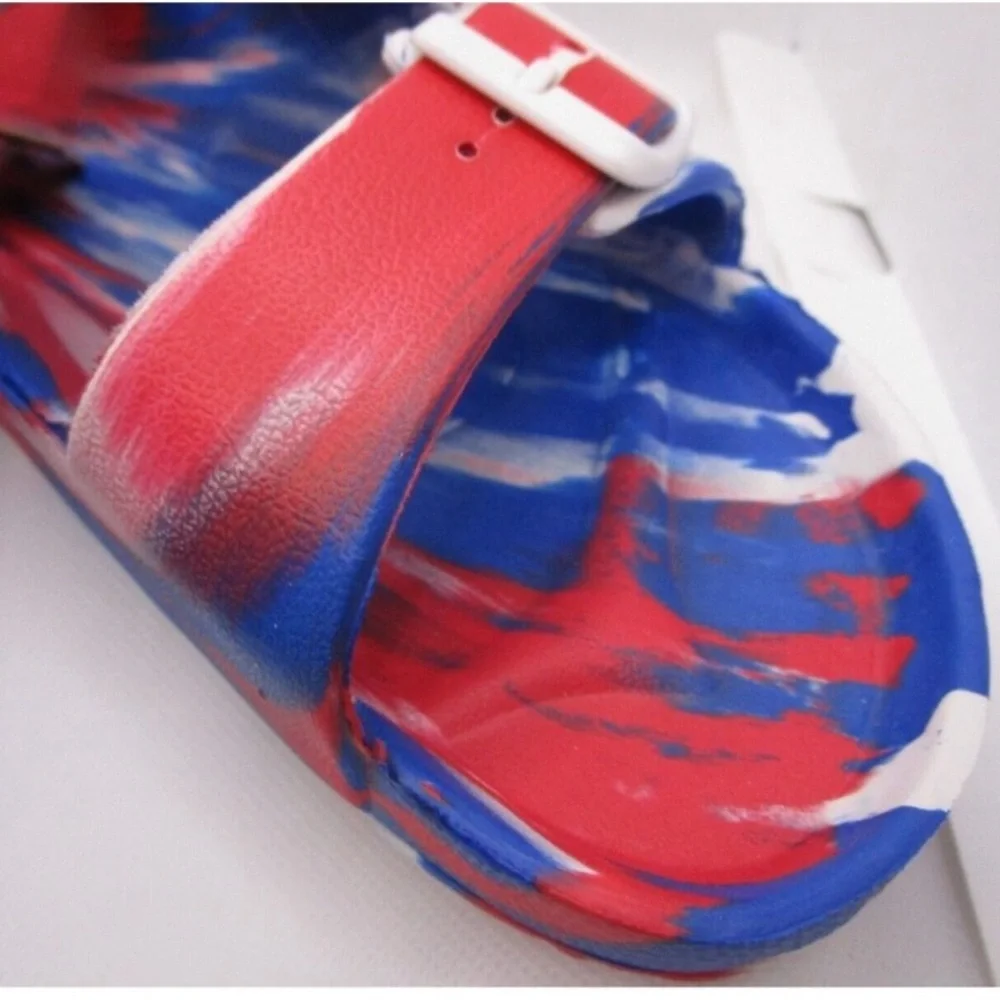 Rockin Footwear Unisex Huntington Buckle Slides red white blue marbled Slip Ons